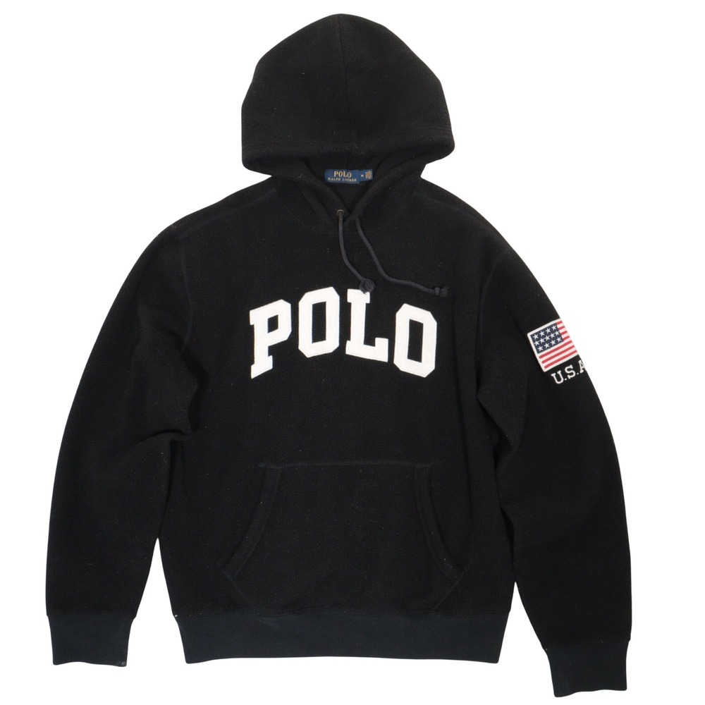 Polo Ralph Lauren Fleece Hoodie Men M Spellout USA Flag Patch Black